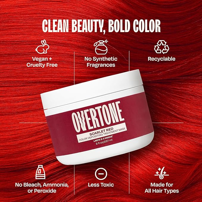 Overtone Semi Permanent Hair Color Conditioner, Scarlet Red, 8 oz, Nourishing, Damage-Free, Color Depositing Mask for All Hair Types with Shea Butter & Coconut Oil, Vegan & Cruelty-Free