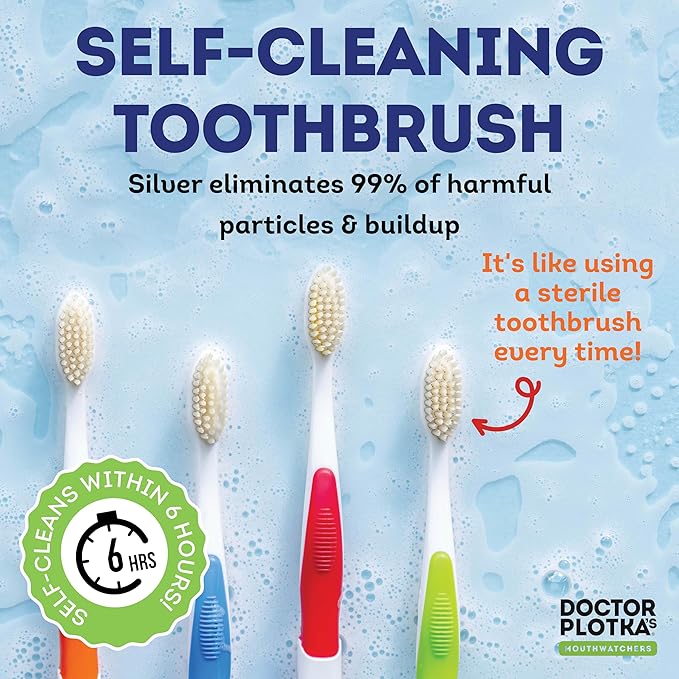 MOUTHWATCHERS Soft Flossing Toothbrushes, Value Pack of 4, Blue, Manual Toothbrush for Adults, Ultra Clean, Good for Sensitive Teeth and Gums, by Dr. Plotka's