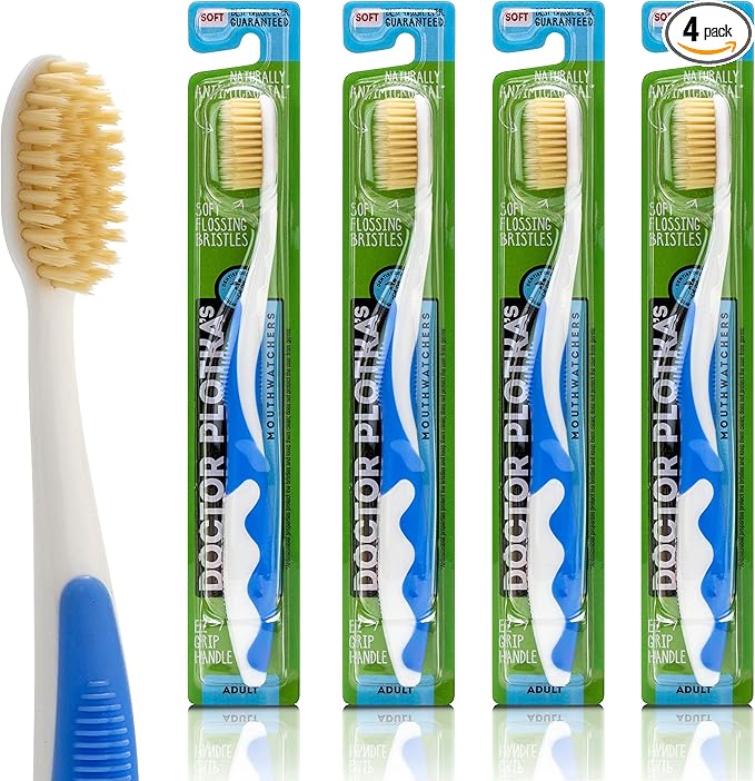 MOUTHWATCHERS Soft Flossing Toothbrushes, Value Pack of 4, Blue, Manual Toothbrush for Adults, Ultra Clean, Good for Sensitive Teeth and Gums, by Dr. Plotka's