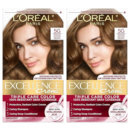 L'Oreal Paris Excellence Crème Permanent Hair Dye, Triple Care Hair Color with Pro-Keratine Complex for 100% Gray Hair Coverage, 5G Medium Golden Brown, 1 Kit (Pack of 2)