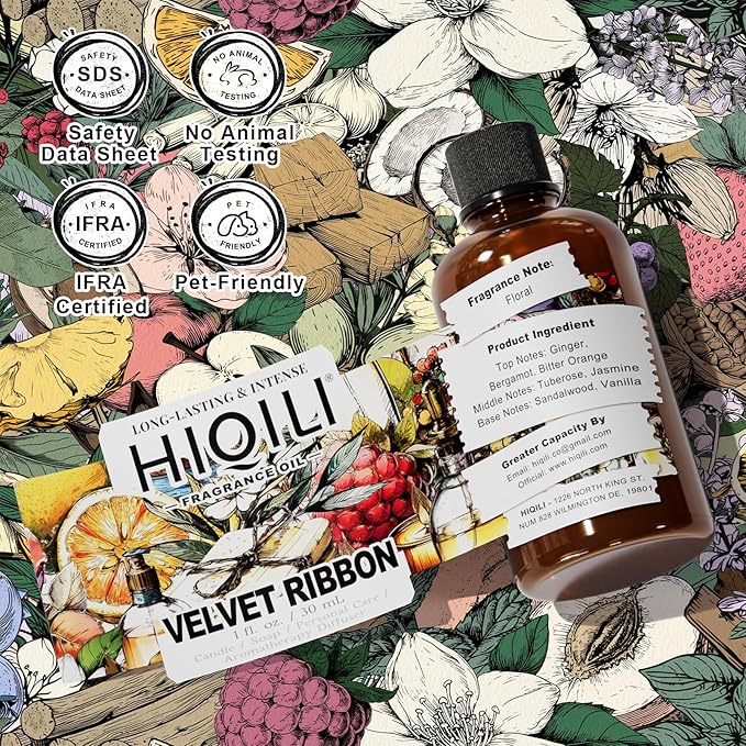 HIQILI Velvet Ribbon Fragrance Oil - Rich Floral Scent with Jasmine, Vanilla & Tuberose for Diffusers, DIY - 1 Fl Oz