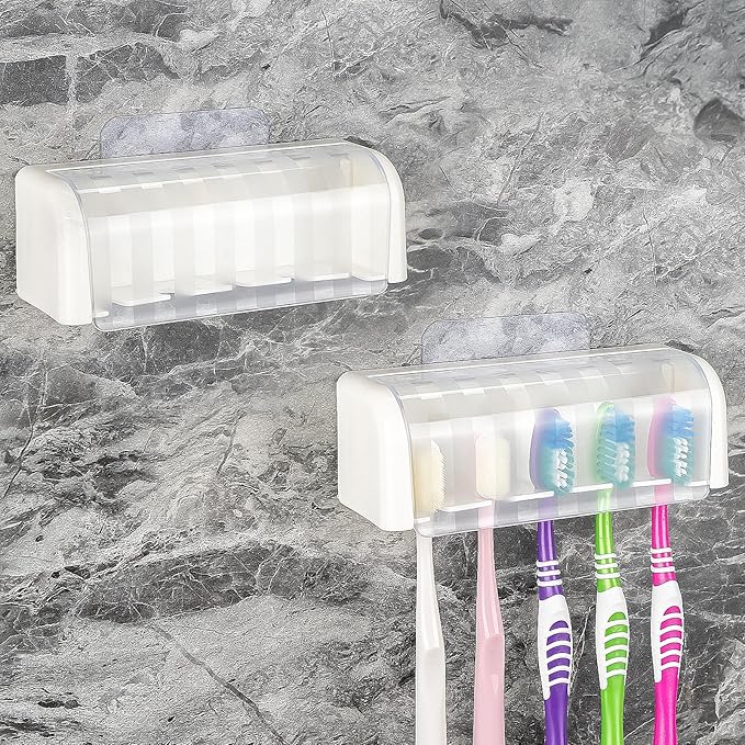 2 Pack 5 Slots Wall Mount Toothbrush Holder with Cover, Self Adhesive Toothbrush Storage Organizer for Shower, Toothbrush Hanger for Bathroom, Medicine Cabinet, Dorm