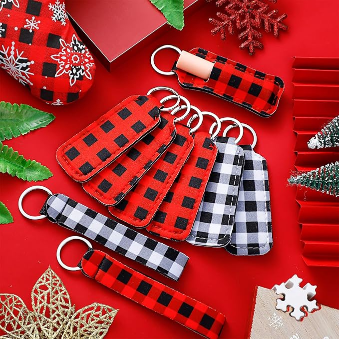 Patelai 20 Pcs Christmas Lipstick Holder Keychains Set Include 10 Buffalo Plaid Lipstick Lip Balm Holder Keychains Bulk10 Wristlet Lanyards for Purse Backpack Christmas Gift