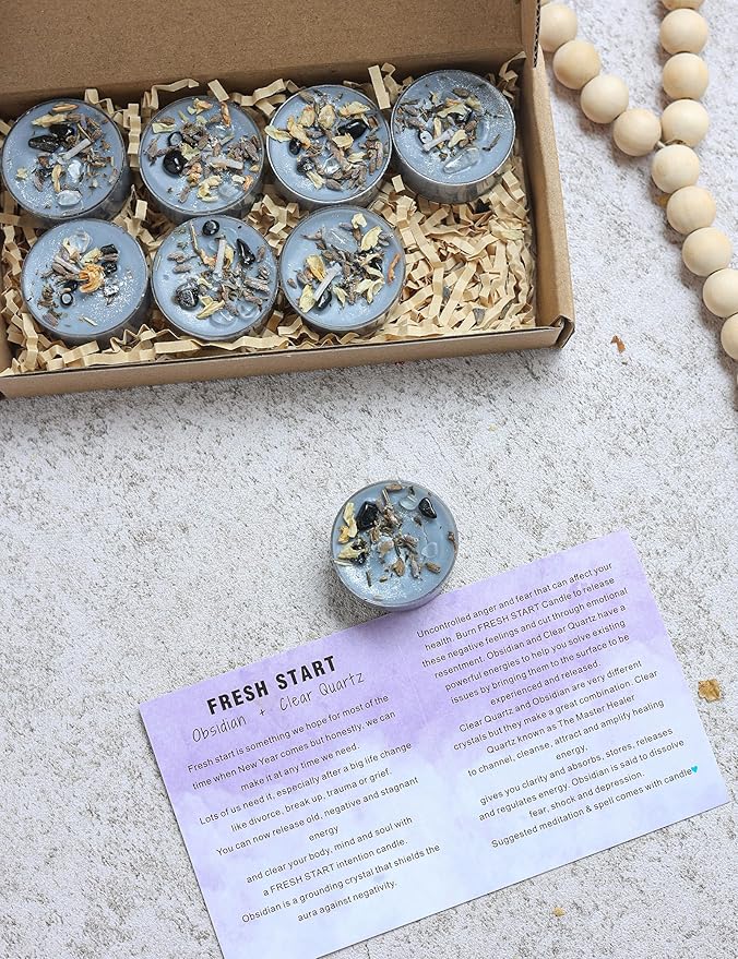 Tealight Soy Candles with Crystals And Herbs, Handmade Energy Candles, Healing Crystal Soy Candles, Aromatherapy Candles. (Grey)