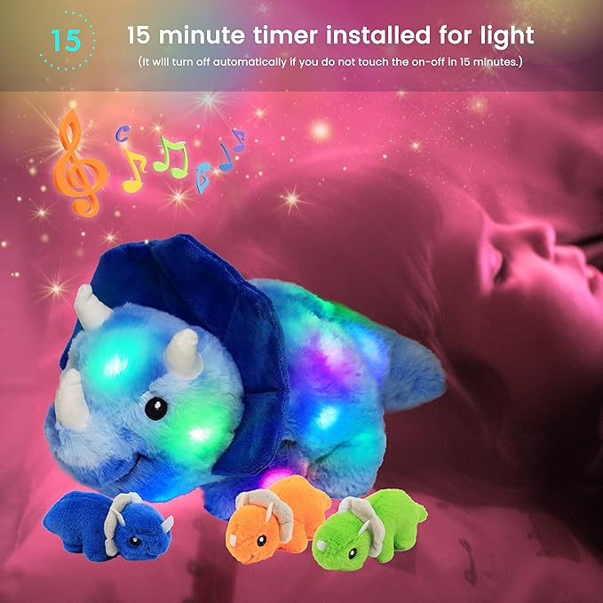 Hopearl LED Musical Stuffed Dinosaur Playset Lighting Up Singing Plush Toy Mommy Triceratops with 3 Babies in her Tummy Adjustable Volume Lullaby Animated Soothe Gifts for Toddlers Boys, Blue, 15”