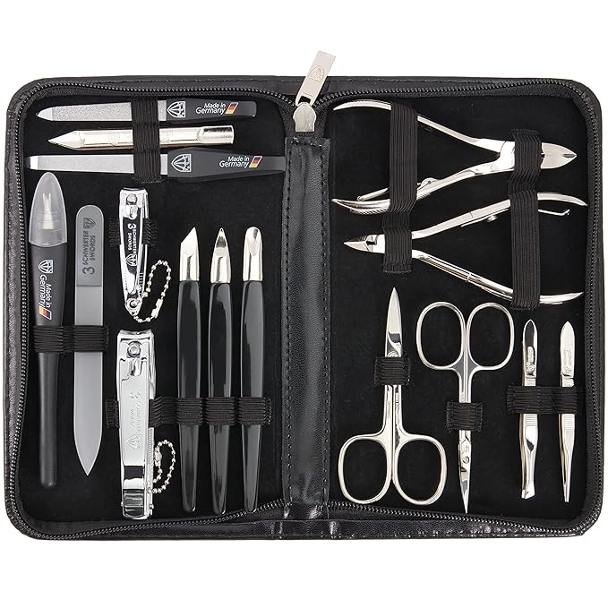 3 Swords Germany - brand quality 16 piece manicure pedicure grooming kit set for professional finger & toe nail care scissors clipper black synthetic leather case, Made in Germany