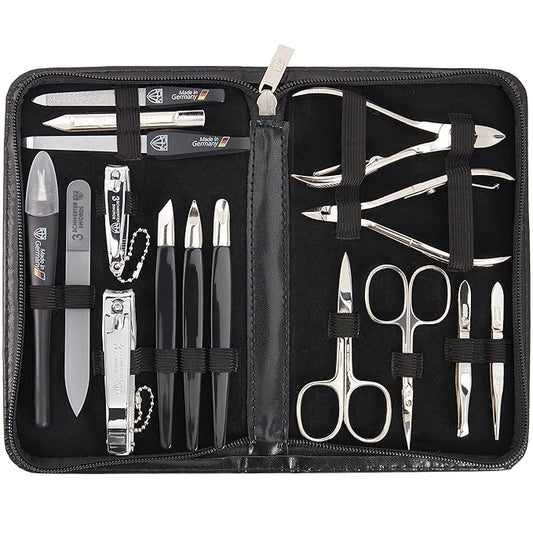 3 Swords Germany - brand quality 16 piece manicure pedicure grooming kit set for professional finger & toe nail care scissors clipper black synthetic leather case, Made in Germany