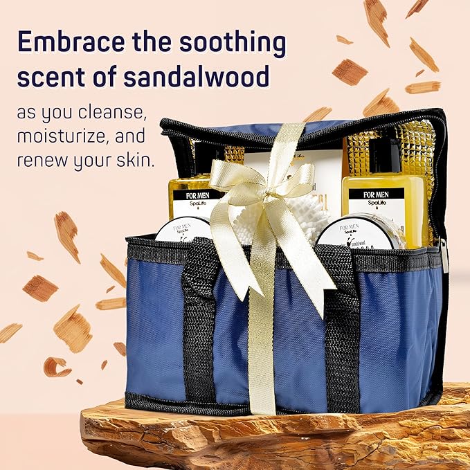 SpaLife Luxury Spa Skincare Sandalwood Gift Set for Men | Mens Body Wash Gifts | Mens Gift Set for Bath and Body | Christmas Gifts for Men | Cleansing, Moisturizing, Exfoliating | 7-Piece Bundle