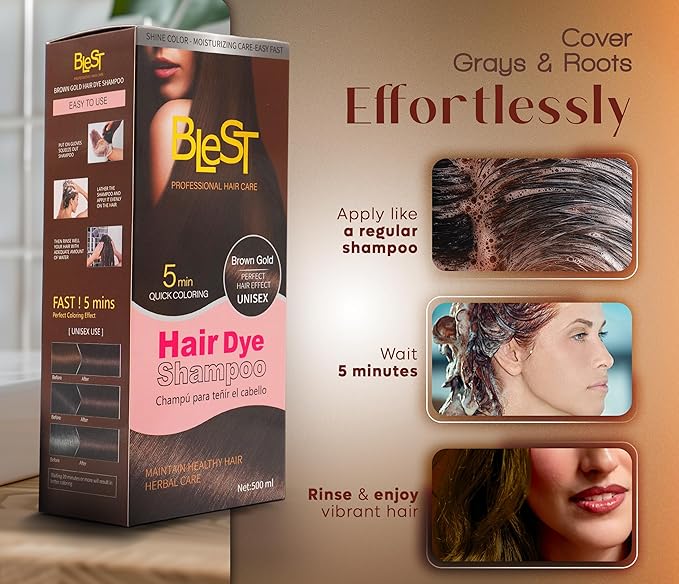 Hair Dye 2-in-1 Shampoo Color for Quick Gray Coverage – Semi Permanent Hair Color for Men and Women – 500ml (Brown Gold)