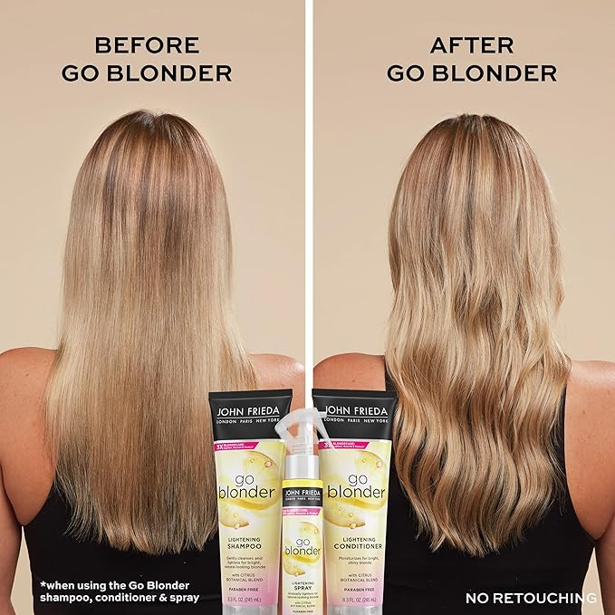 John Frieda Go Blonder Lightening Spray, Gradually Lightens Blonde Color, For Natural or Color-Treated Hair, Formulated with a Citrus Bontanical Blend, Paraben Free, 3.5 Oz, Pack of 2