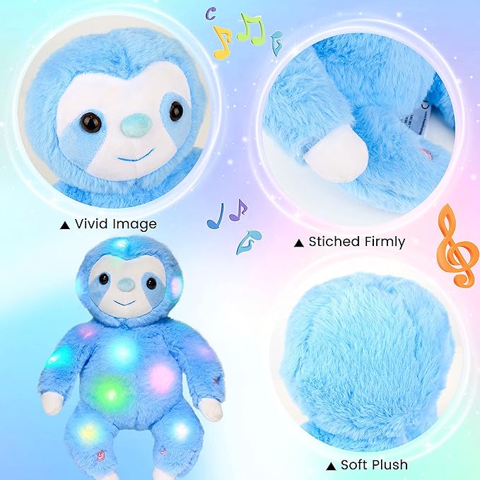 Hopearl LED Musical Plush Sloth Lighting Up Stuffed Animal Three Toed Sloth Floppy Night Lights Glow in The Dark Birthday Festival for Kids Toddlers, Blue, 12.5''