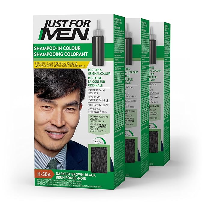 Just For Men Shampoo-In Color (Formerly Original Formula), Mens Hair Color with Keratin and Vitamin E for Stronger Hair - Darkest Brown-Black, H-50A, Pack of 3