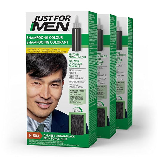Just For Men Shampoo-In Color (Formerly Original Formula), Mens Hair Color with Keratin and Vitamin E for Stronger Hair - Darkest Brown-Black, H-50A, Pack of 3