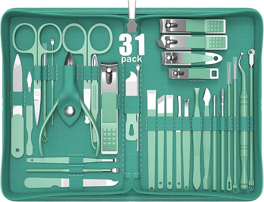 Manicure Set Personal Care, Nail Clipper Kit, Professional Nail Clipper Pedicure Set, Nail Tools with Luxurious Travel Case, Gifts for Men Women Family Friend, 31 Pieces (Green)
