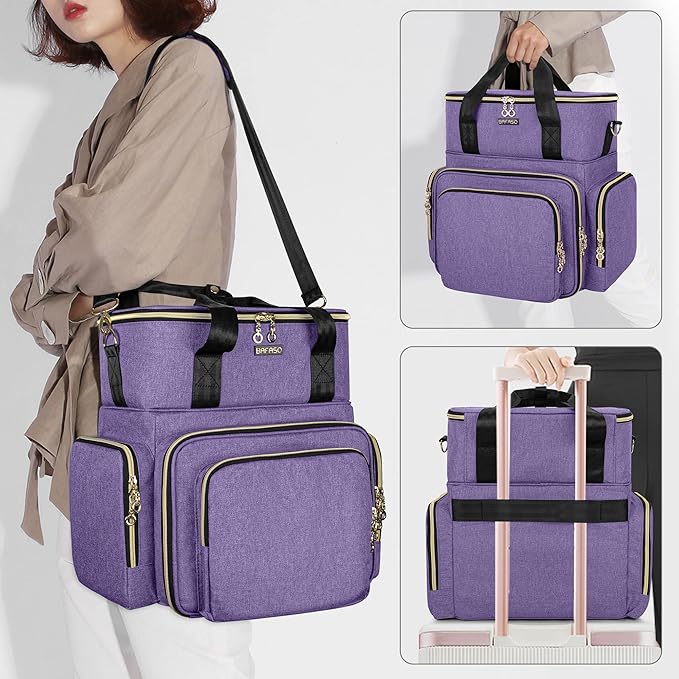 BAFASO Double Layer Nail Polish Organizer Holds 70 Bottles (15ml - 0.5 fl.oz) and a Nail Dryer, Nail Polish Case with 2 Removable Pouches and Tools Storage Sections (Patented), Purple