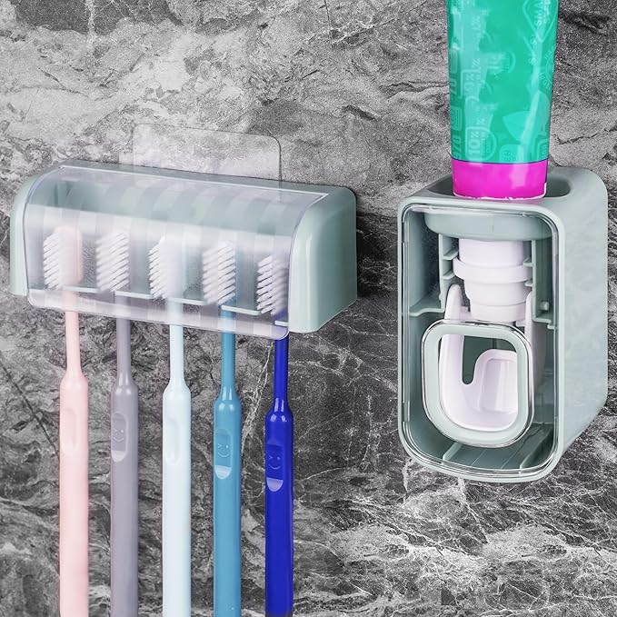 5 Slots Wall Mount Toothbrush Holder with Cover, Self Adhesive Toothbrush Storage Organizer for Shower, Toothbrush Hanger with Automatic Toothpaste Squeezer Dispenser (Blue)