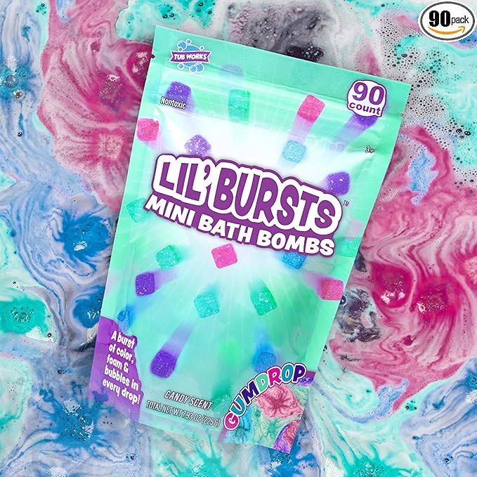 Tub Works Lil' Bursts Mini Bath Bombs for Kids, 90 Count, Gumdrop | Nontoxic | Tiny With A Burst of Color, Foam & Bubbles | Customize Bath With Fun Colors | Create Bath Art