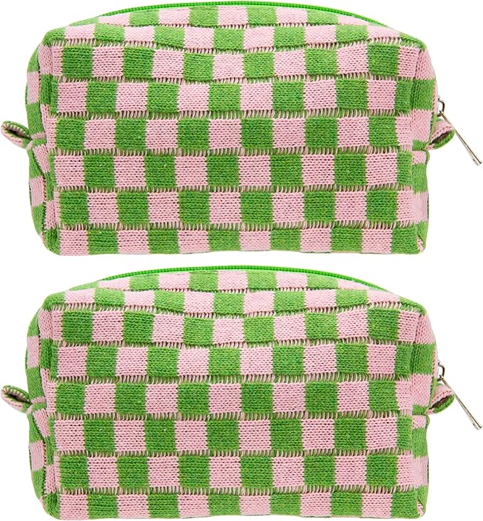 PAZIMIIK 2PCS Checkered Makeup Bag for Purse Portable Zipper Make Up Pouch Small Cosmetic Case for Travel Accessories Pink Green