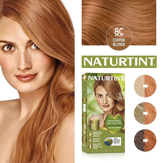 Naturtint 8C Copper Blonde Permanent Hair Color (Pack of 1), Ammonia Free, Vegan, Cruelty Free, up to 100% Gray Coverage, Long Lasting Results (Packaging may vary)