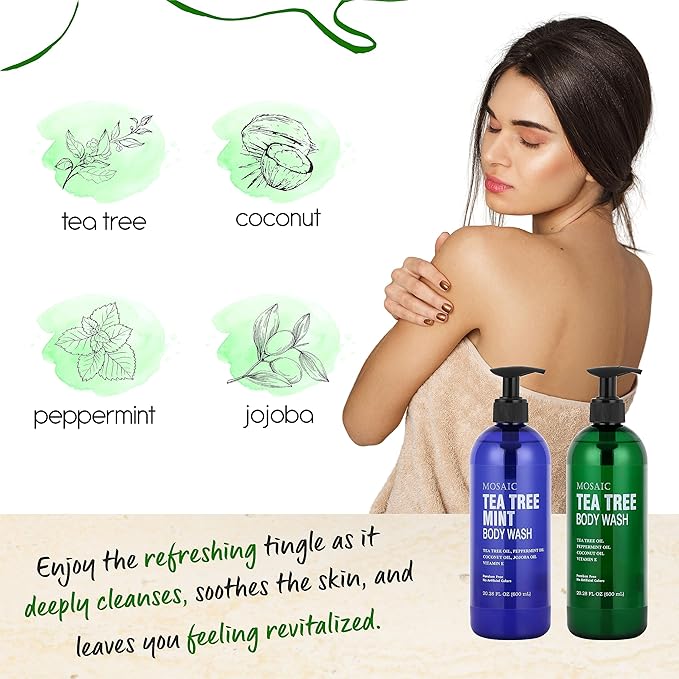 Tea Tree Body Wash with Mint & Shower Gel with Vitamin E for Jock Itch, Eczema, Ringworm, Body Odor, Body Wash Women & Men with Added Body Oils,LARGE 20.2 FL Oz Bottle (Tea Tree Mint, Pack of 2)