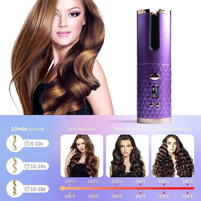 Automatic Curling Iron, Hair Curling Iron for Hair Styling, Cordless Auto Hair Curler, with 6 Temps and Timers, Auto Shut-Off, Fast Heating, Rechargeable Cordless Hair Curler 1 (Purple)
