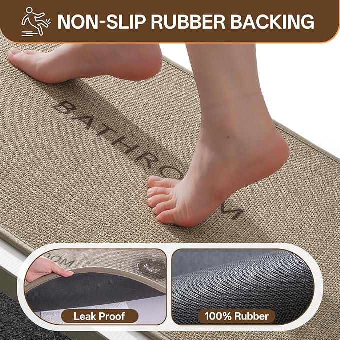 Non-Slip Bath Mat with Upgraded Rubber-Backing, Washable Thin Bath Mats for Bathroom Floor, Absorbent Woven Bathroom Rugs, Quick Dry, Fits Under Door, 24x36, Brown