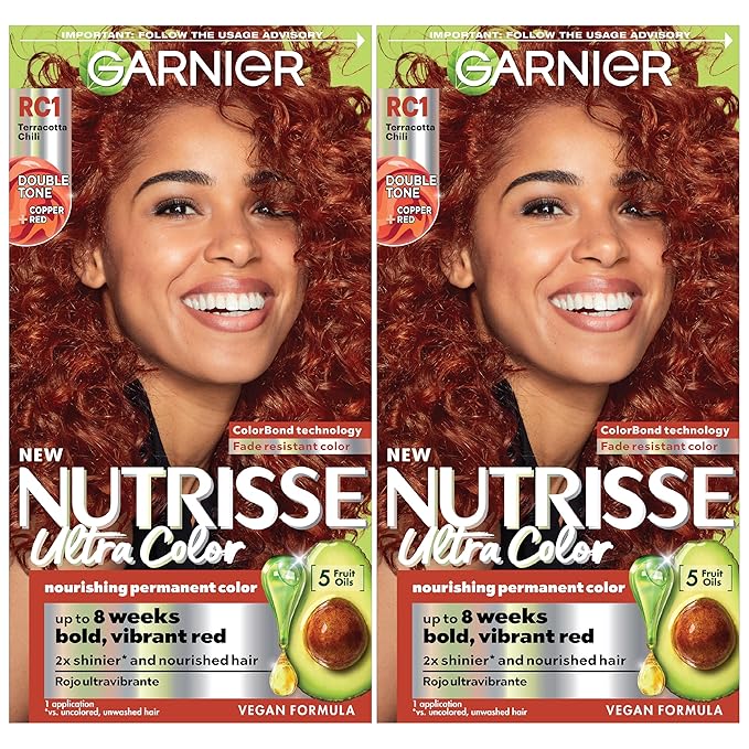Garnier Hair Color Nutrisse Ultra Color Nourishing Creme, RC1 Medium Intense Copper Red (Terracotta Chili) Permanent Hair Dye, 2 Count (Packaging May Vary)