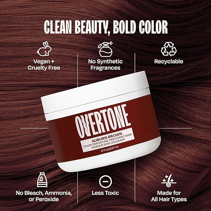 Overtone Color Depositing Semi-Permanent Hair Dye Conditioner - 8 oz For Natural & Color-Treated Hair, Moisturizing Shea Butter & Coconut Oil - Vegan & Cruelty-Free, Auburn Brown