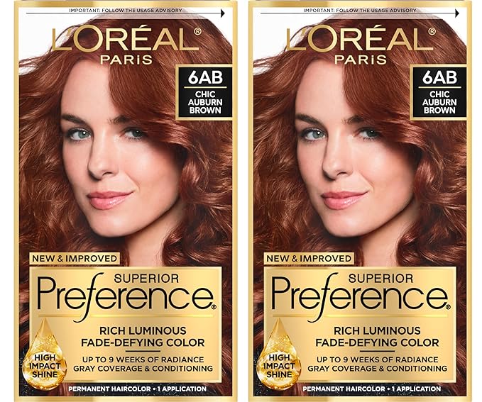 L'Oreal Paris Superior Preference Luminous Fade-Defying Permanent Hair Color, Hair Dye For Up to 9 Weeks of Radiance, Chic Auburn Brown 6AB, 1 Hair Dye Kit (Pack of 2)