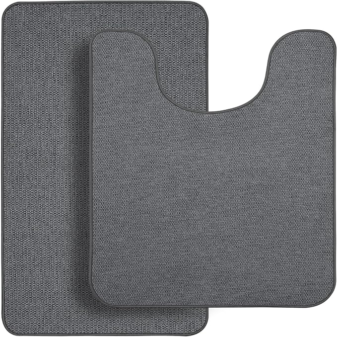 Bathroom Rugs Set 2 Pieces,Thin Bathroom Mats,Toilet Rugs,Quick Dry,Non-Slip,Machine Washable,Low Pile,Absorbent Bath Mats,Shower,Sink,Home Decor Accessories.Dark Grey,1'5"x2'3"+1'8"x2" U Shape