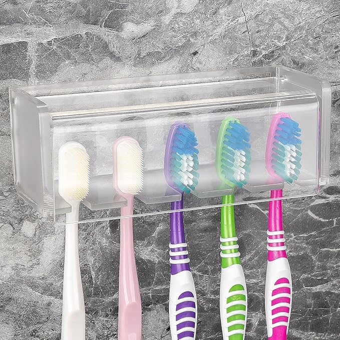 5 Slots Wall Mount Toothbrush Holder with Cover, Self Adhesive Toothbrush Storage Organizer for Shower, Toothbrush Hanger for Bathroom, Medicine Cabinet, Dorm (Frosted)