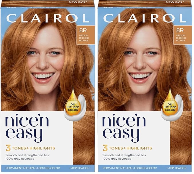 Clairol Nice'n Easy Permanent Hair Dye, 8R Medium Reddish Blonde Hair Color, Pack of 2