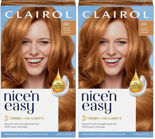 Clairol Nice'n Easy Permanent Hair Dye, 8R Medium Reddish Blonde Hair Color, Pack of 2