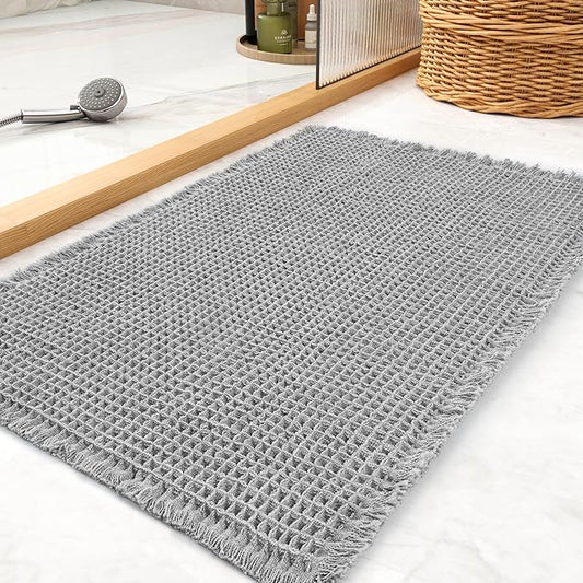 tchdio Waffle Bath Mat Rug, Super Absorbent Non Slip Bath Mats for Bathroom Mat Ultra Soft Bathmat Machine Washable Bathroom Rugs with Tassels, Bath Rugs Beside Tub, 18" x 30"