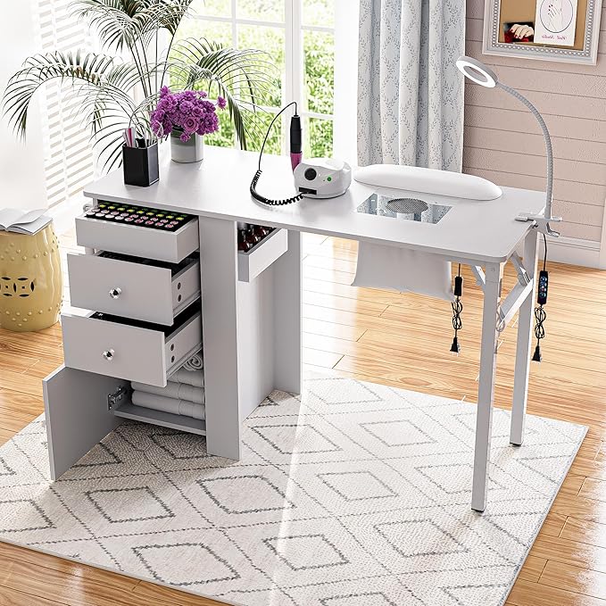 Foldable Nail Table with Dust Collector, Manicure Desk for Nail Tech, with LED Lamp, Wrist Rest, Rolling Nail Table for Salon, Home Beauty Workstation, Compact Nail Station with Storage (White)