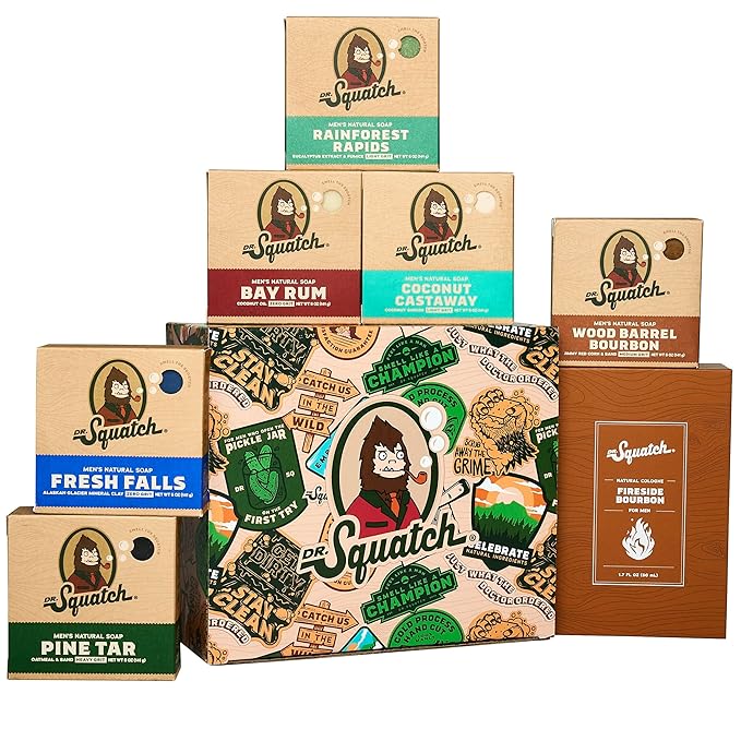 Dr. Squatch 2024 Holiday Bundle - Men's Natural 6 Soap and 1 Cologne Gift Set - Cold Process Soap with No Harsh Chemicals + Natural Cologne Made With Sustainably-Sourced Ingredients