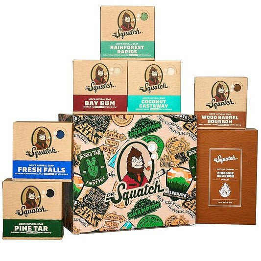 Dr. Squatch 2024 Holiday Bundle - Men's Natural 6 Soap and 1 Cologne Gift Set - Cold Process Soap with No Harsh Chemicals + Natural Cologne Made With Sustainably-Sourced Ingredients