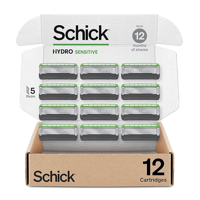 Schick Hydro Sensitive Razor Refills, 12ct | 5 Blade Razor for Men, Shaving Blades, 12 Refills