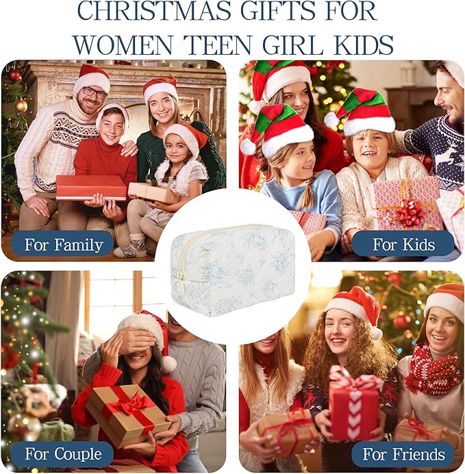 Quilted Makeup Pouch,Cotton Puffy Makeup Bag, Coquette Cosmetic Bag for Women and Girls, Aesthetic Organizer Bag, Cute Flower Travel Toiletry Bag