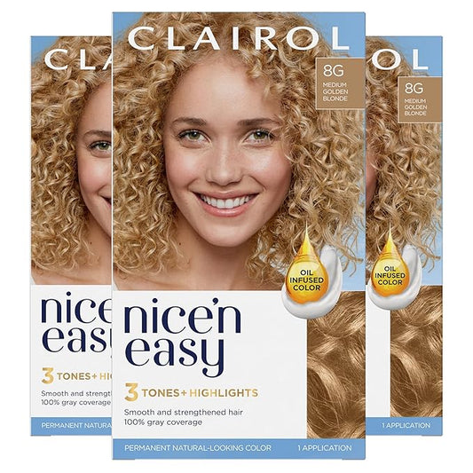 Clairol Nice'n Easy Permanent Hair Dye, 8G Medium Golden Blonde Hair Color, Pack of 3