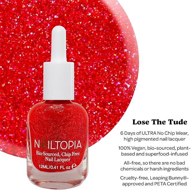 Nailtopia Bio-Sourced Chip Free Nail Lacquer - Vegan And Cruelty Free - Strengthens And Conditions - Delivers Healthy Manicures And Pedicures - Long Lasting - Lose the Tude - 0.41 Oz Nail Polish