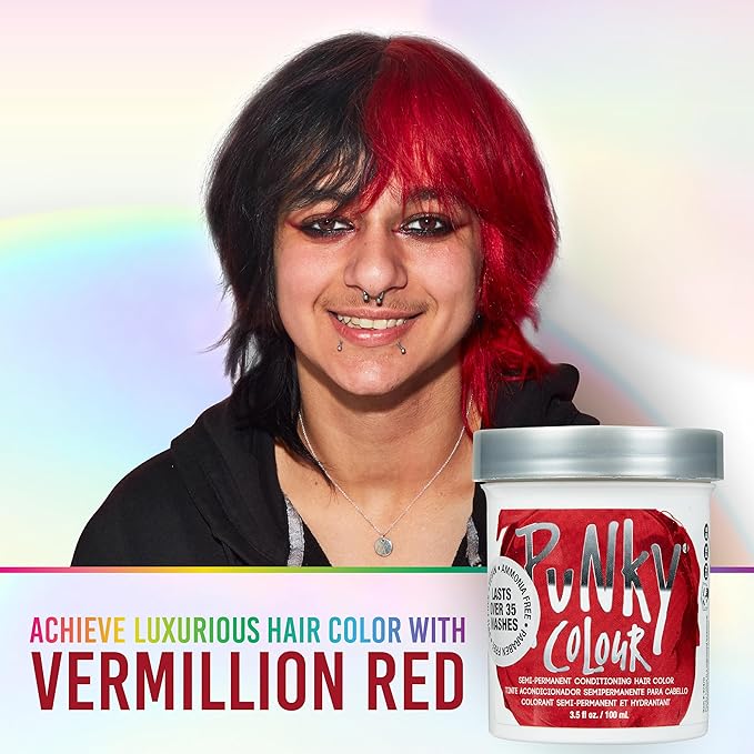 Punky Vermillion Red Semi Permanent Hair Color - Vegan & Cruelty-Free Conditioning Hair Dye, Lasts Up to 35 Washes, 3.5 fl oz