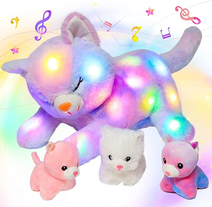 Hopearl LED Musical Stuffed Cat Lighting Up Singing Plush Toy Playset Mommy Cat with 3 Baby Kittens in her Tummy Lullaby Animated Soothe for Mom Kids Toddler Girls, Rainbow, 18''
