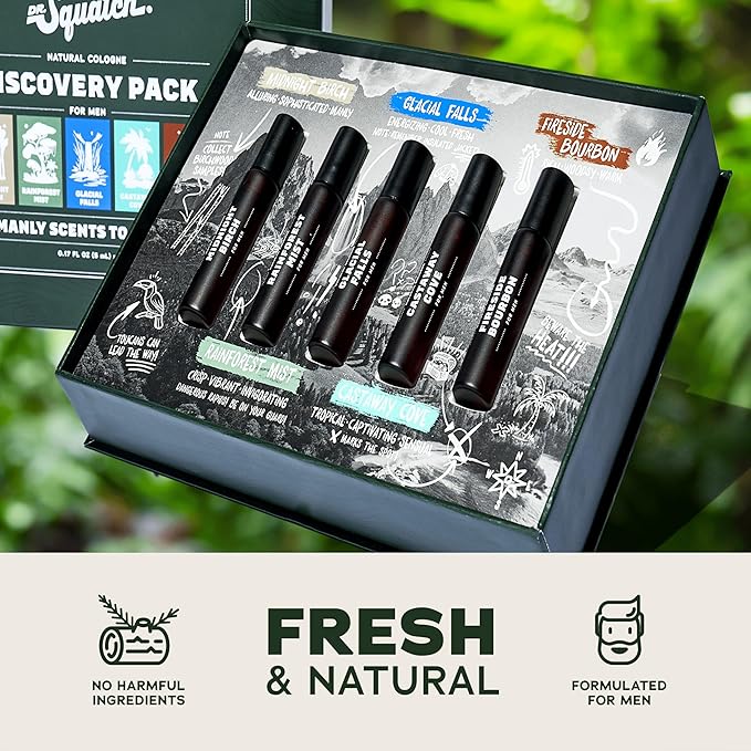 Dr. Squatch Natural Cologne for Men - Mini Cologne Trial Set - Midnight Birch, Rainforest Mist, Glacial Falls, Castaway Cove, Fireside Bourbon (0.17 fl oz, 5-Pack)
