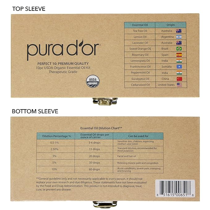 PURA D'OR Organic Perfect10 Essential Oils Set - 10x 10mL Wood Box Aromatherapy Gift Set - 100% Pure Therapeutic Grade for Relaxation and Wellness (Lavender, Peppermint, Eucalyptus, Tea Tree & More)