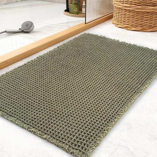tchdio Waffle Bath Mat Rug, Super Absorbent Non Slip Bath Mats for Bathroom Mat Ultra Soft Bathmat Machine Washable Bathroom Rugs with Tassels, Bath Rugs Beside Tub, 17" x 24"