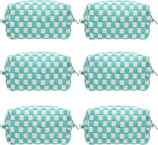 PAZIMIIK Checkered Makeup Bag for Purse Portable Zipper Make Up Pouch Small Cosmetic Case for Travel Accessories (6PCS Arctic Blue)