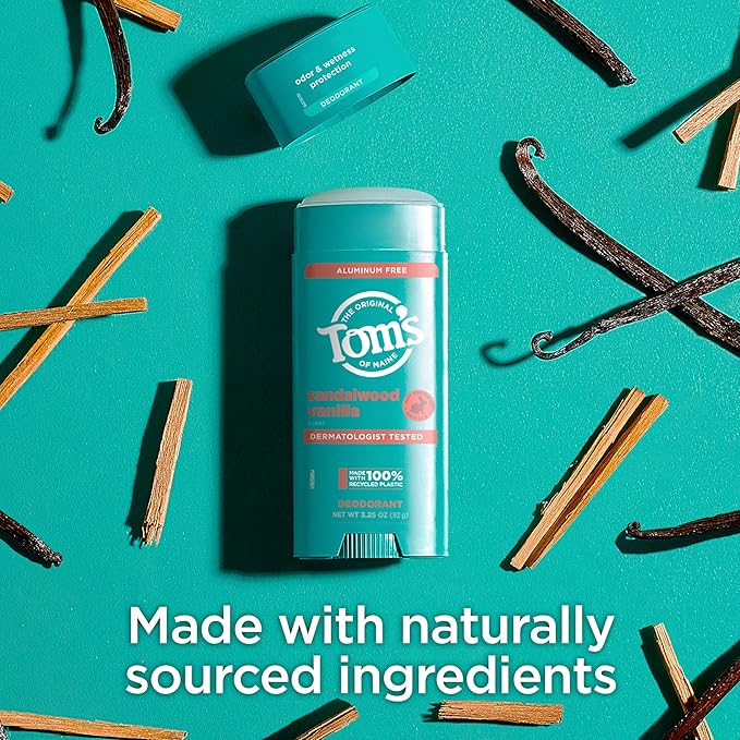 Tom’s of Maine Sandalwood Vanilla Aluminum Free Natural Deodorant For Women & Men | Goes on Clear | Odor & Wetness Protection | Naturally Derived and Moisture-Locking Ingredients | 3.25 oz (2 Pack)