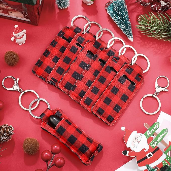 MTLEE 40 Buffalo Plaid Lipstick Holder Keychains Red and Black Lip Balm Sleeve Pouch Lipstick Holder Keychains with Metal Clip Cords Lip Balm Keychain Set for Women Girls Christmas Decoration