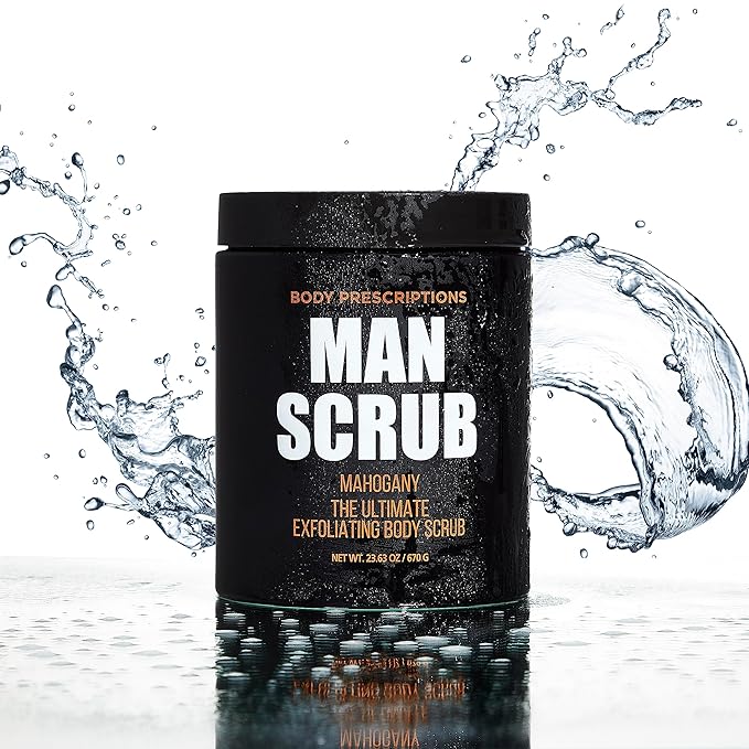 Body Prescriptions Men’s Exfoliating Body Scrub – Ultimate Skin Cleansing Wash in Jar with Twist-Top Lid, For All Skin Types, 21 Ounce (Pack of 4), Mahogany